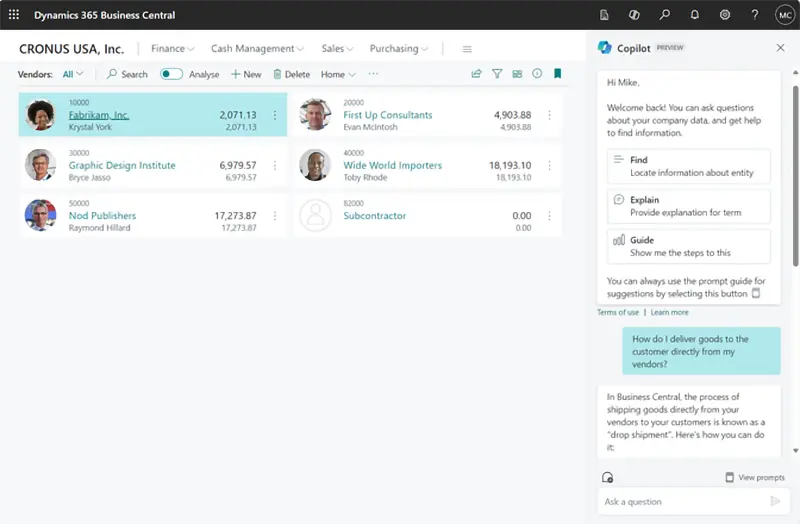 Copilot in Dynamics 365 Business Central: chat intelligente per risposte rapide