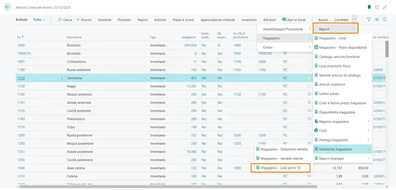 Controllare gli articoli più venduti in magazzino con Business Central